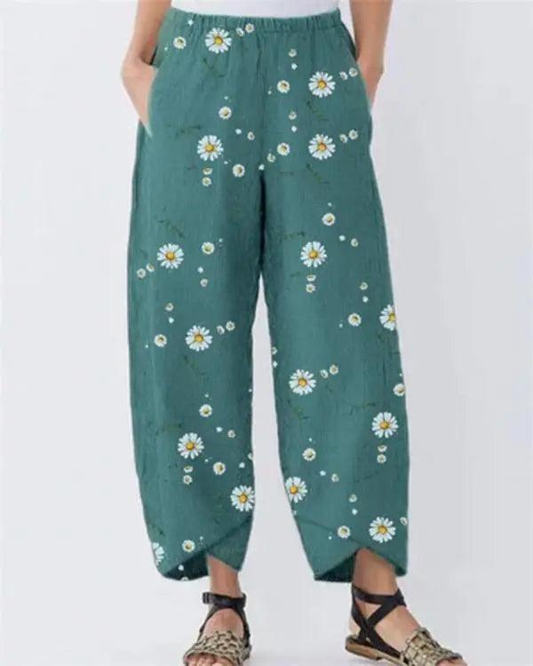 Floral Printed  Loose Cotton and Linen Casual Pants - Viva Vista Store