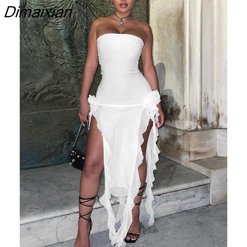 Dimaixian Puss Irregular Strapless Dress Women Birthday Party Summer Fashion Split Chic Flower Ribbon Sleeveless Bodycon Clubwear - Viva Vista Store