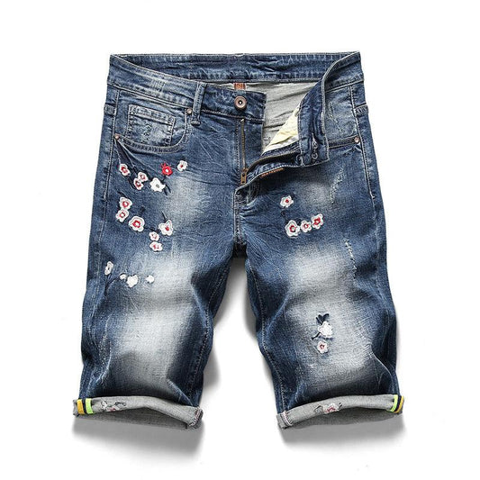 Spring and summer new national tide wind trousers jeans men's embroidery Slim straight wild five points denim short pants male - Viva Vista Store