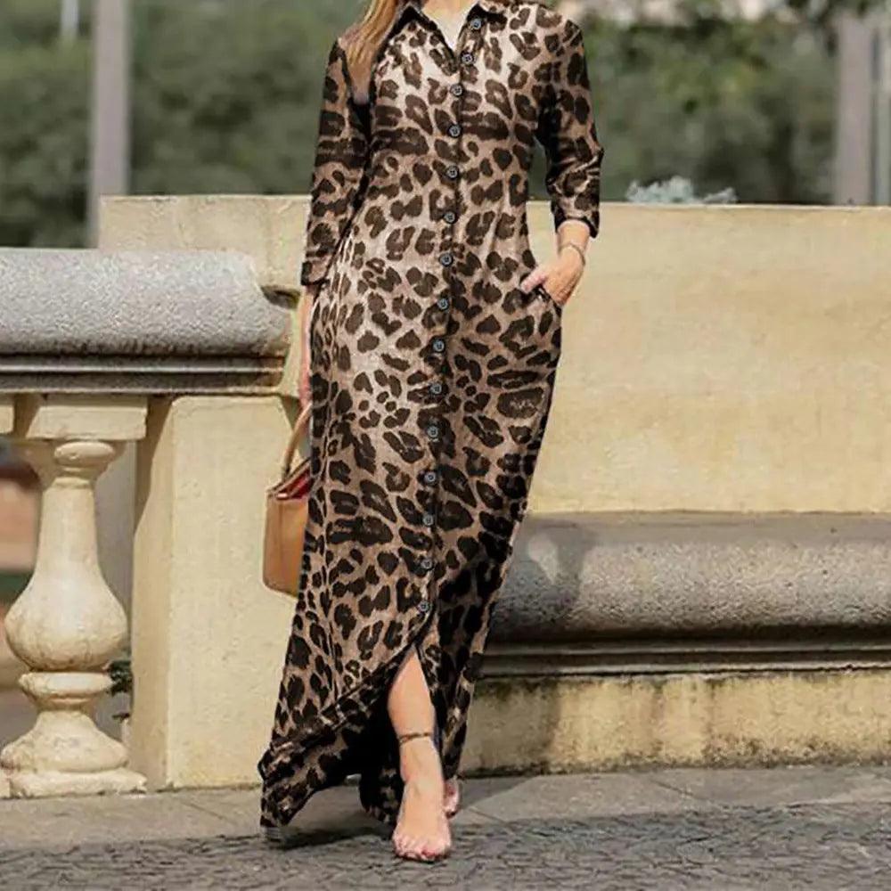 Popular Women's Long Sleeve Leopard Print Shirt Long Dress - Viva Vista Store