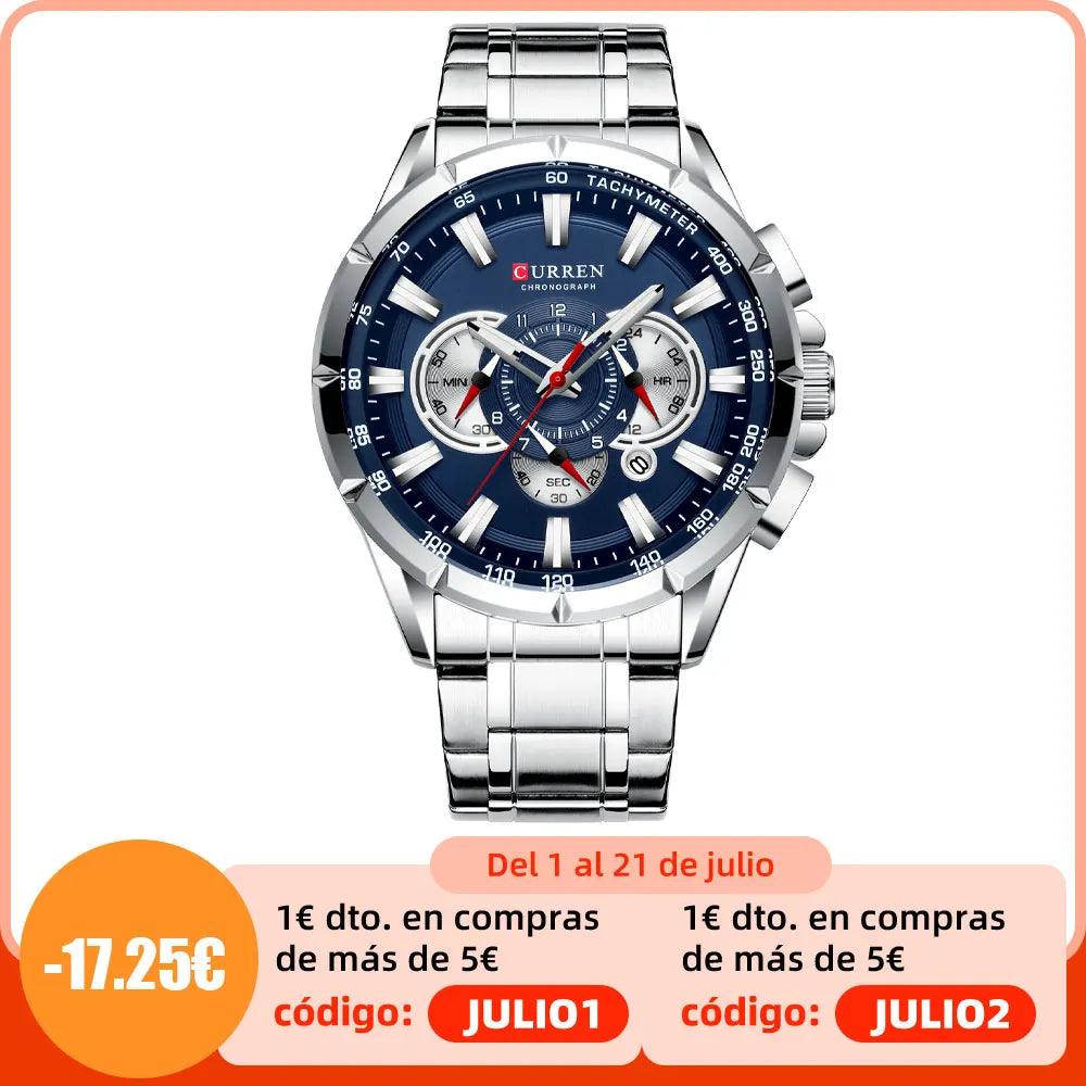 CURREN New Casual Sport Chronograph Men's Watches Stainless Steel Band Wristwatch Big Dial Quartz Clock with Luminous Pointers - Viva Vista Store