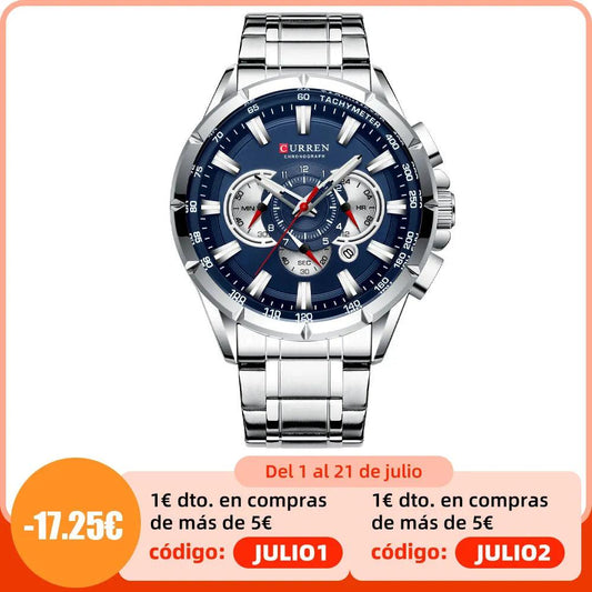 CURREN New Casual Sport Chronograph Men's Watches Stainless Steel Band Wristwatch Big Dial Quartz Clock with Luminous Pointers - Viva Vista Store