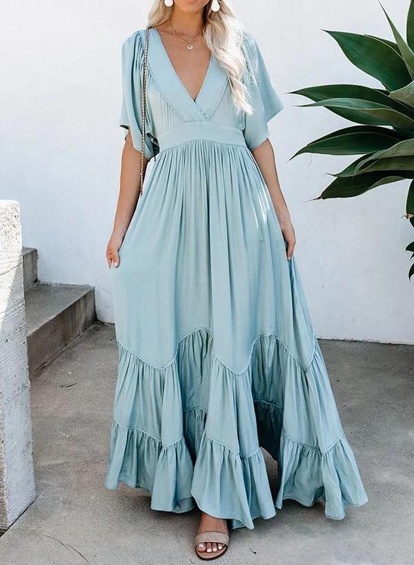 Geumxl New Summer Fashion Maxi Dress V-Neck Short Sleeve Solid Color Floor Length Dress A-Line Holiday Overall Vestidos Boho Robes - Viva Vista Store