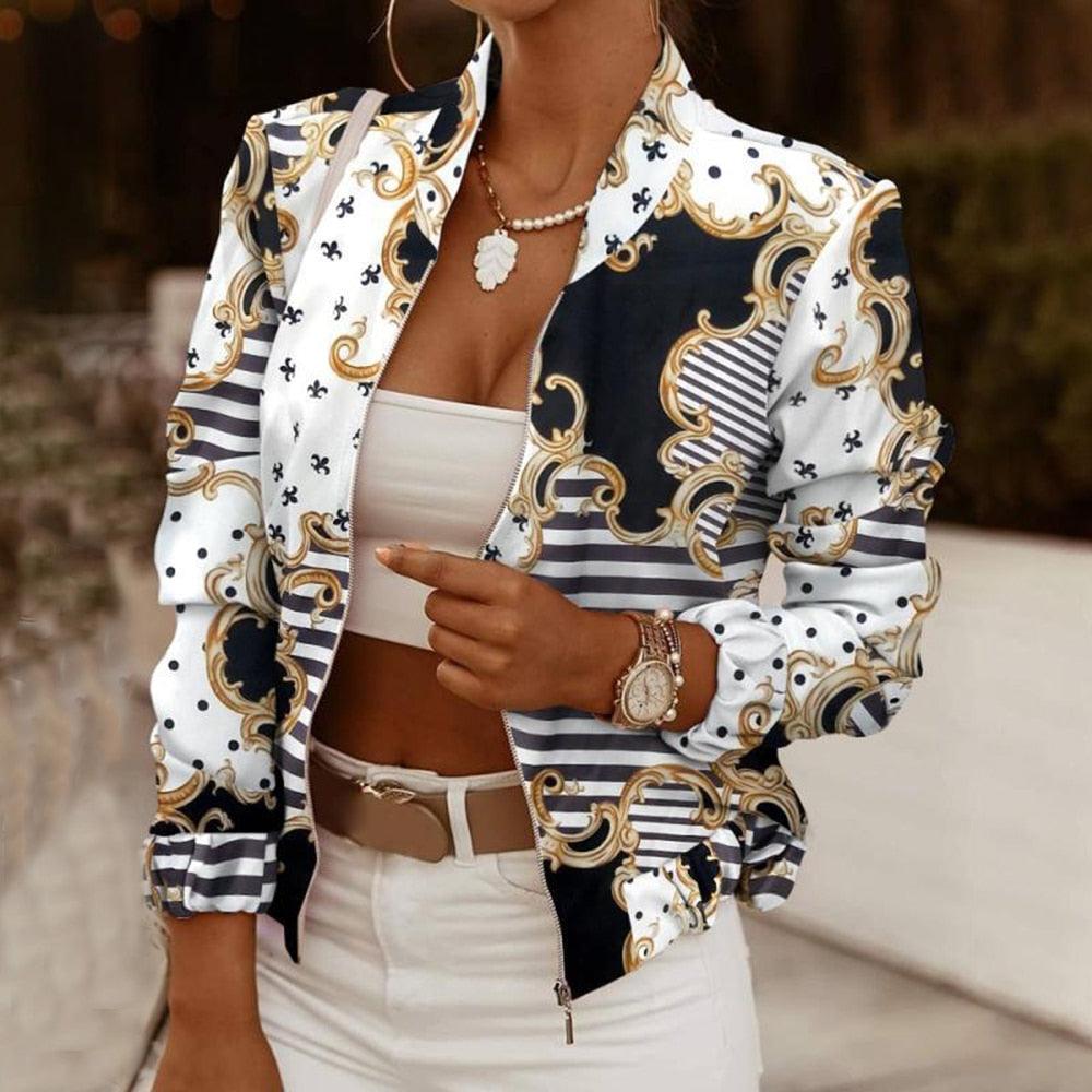 Spring Autumn Casual Thin Jacket Vintage Print Tops Women Fashion Long Sleeve Zipper Ladies Jackets Coat Woman Veste Femme - Viva Vista Store