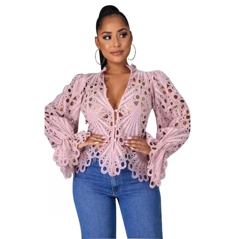 2021 New Elegant Long Sleeve Hollow Out Mesh Lace Shirt Sheer See Through Top Blouse Clothing Dashiki African Shirts For Women - Viva Vista Store