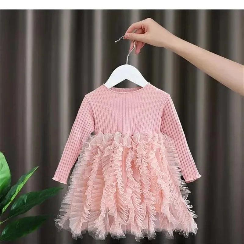 0-6 Years Old Princess Fluffy Skirt Girls Long-Sleeved Pure Dress Spring Autumn Baby Suits Pure Color Mesh Skirt  Children Cloth - Viva Vista Store