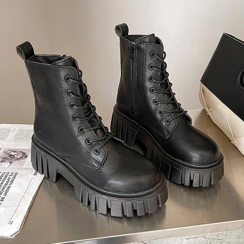 Women Ankle Boots Black Beige Leather Fashion Motorcycle High Platform Gothic Punk Shoes Female Combat Boots - Viva Vista Store