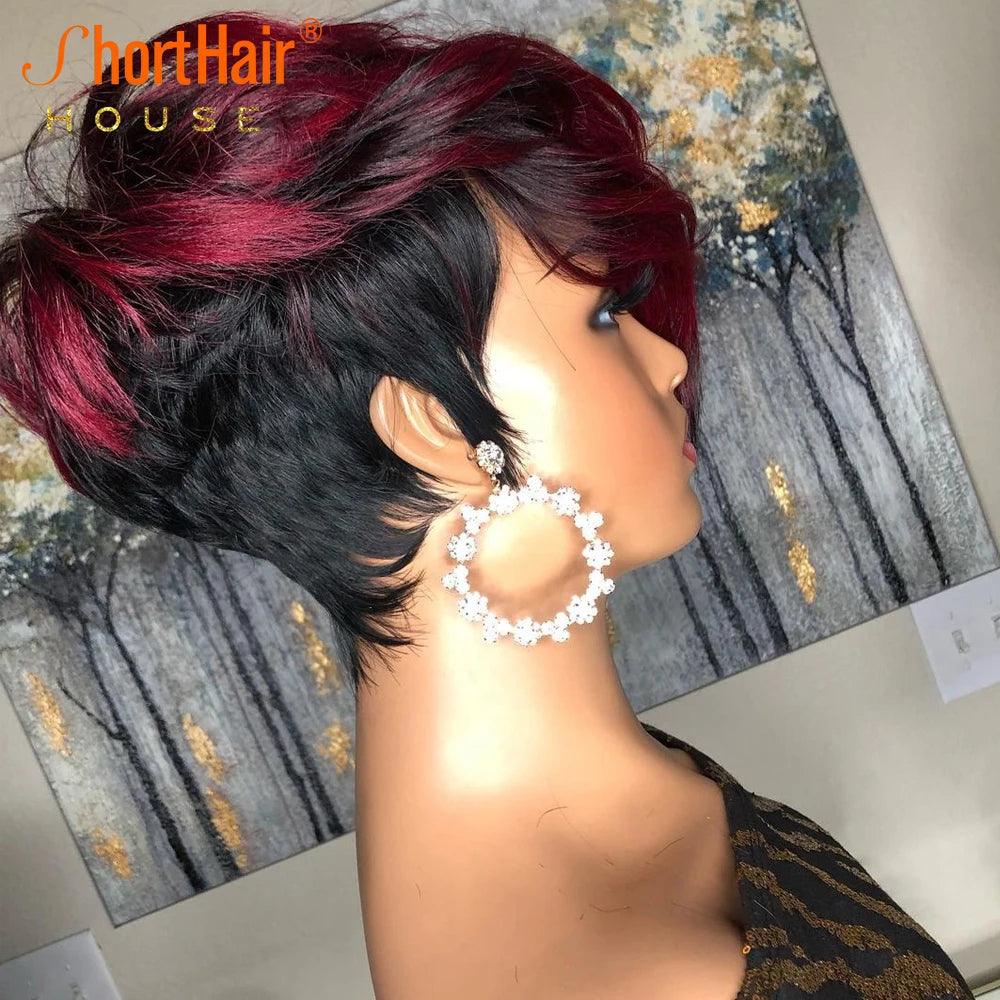 Dark Red Pixie Cut Wig Human Hair Short Bob Wig With Natural Bang Brazilian Wigs For Women Cosplay No Lace Front Human Hair Wig - Viva Vista Store