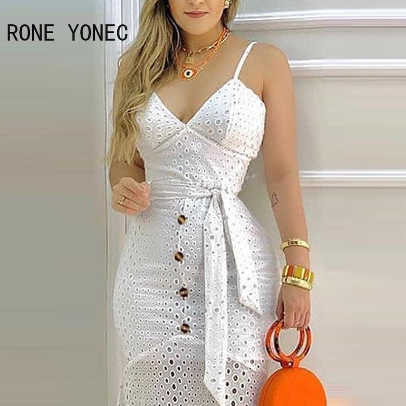 Hnewly Women Hollow-out  Button Design Spaghetti Strap Lace Dress With Belt & Lining Casual Maxi Dress Vacation Dress - Viva Vista Store