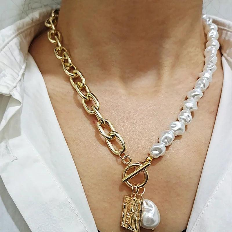 KMVEXO Vintage Baroque Irregular Pearl Lock Chains Necklace 2020 Geometric Aangel Pendant Love Necklaces for Women Punk Jewelry - Viva Vista Store