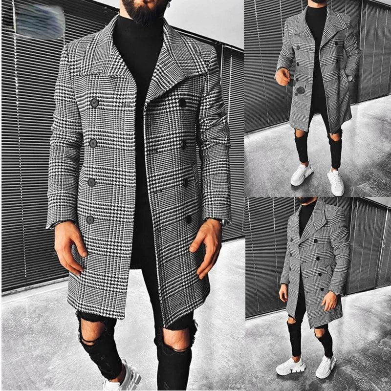 Fashion Men Coat Autumn Winter New Fashion Plaid Double Breasted Lapel Coat Mid-long Coat Men Chic Wool Blends Winter Coat Men - Viva Vista Store