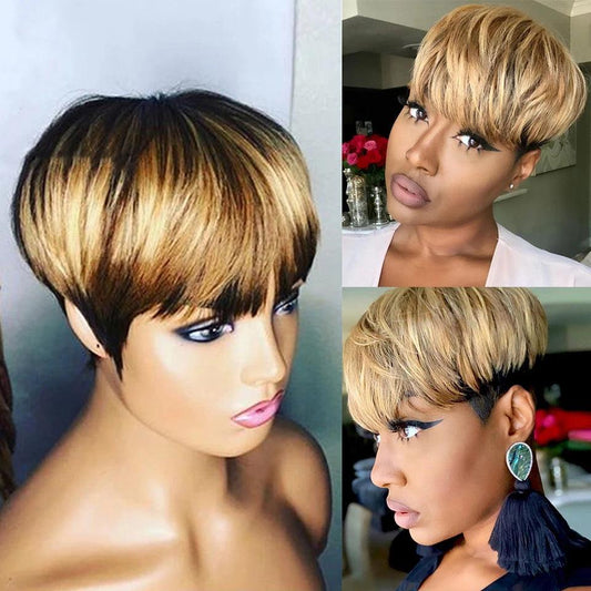 Short Straight Bob Wig 1b/27 Pixie Cut Human Hair Wig With Bangs For Black Women Brazilian Cheap Human Hair Wig Under $50 - Viva Vista Store