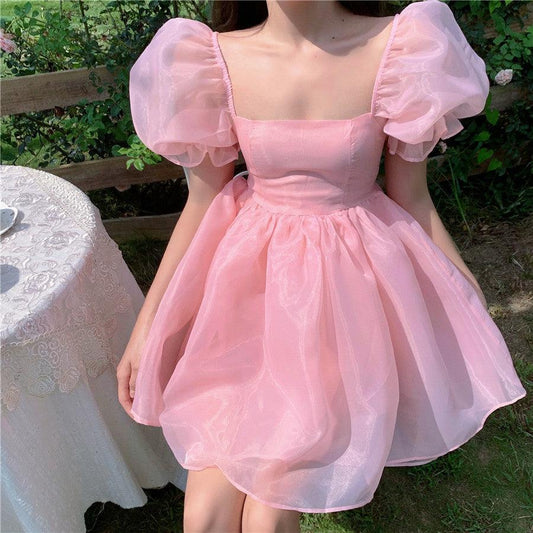 Geumxl Woman Sweet Pink Fairy Dress 2022 Summer Vintage Elegant Square Collar Puff Sleeve Ball Gown Robe Korean Mini Princess Vestidos 0719 - Viva Vista Store