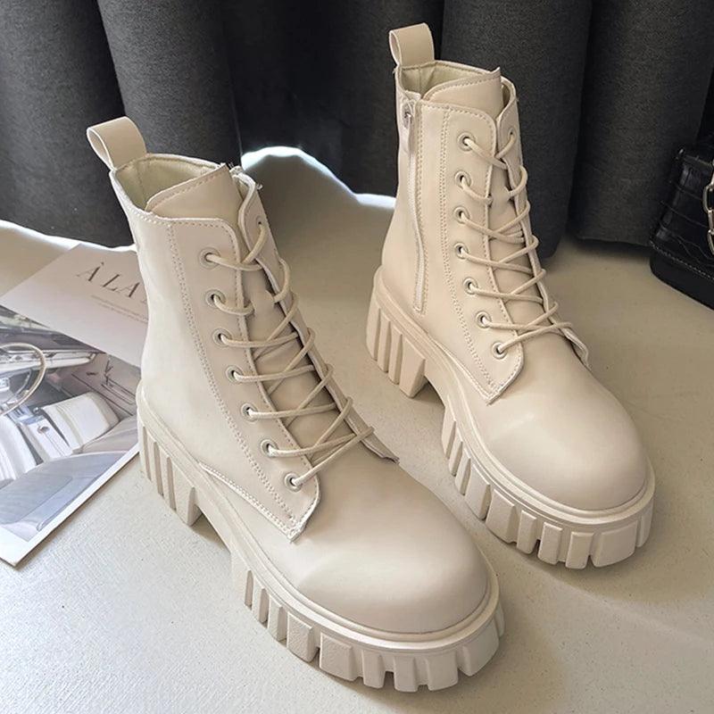 Women Ankle Boots Black Beige Leather Fashion Motorcycle High Platform Gothic Punk Shoes Female Combat Boots - Viva Vista Store