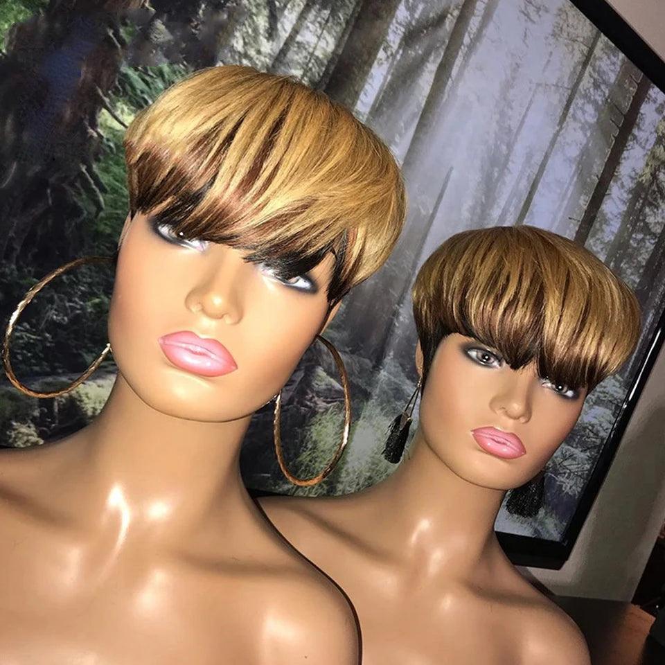 Short Straight Bob Wig 1b/27 Pixie Cut Human Hair Wig With Bangs For Black Women Brazilian Cheap Human Hair Wig Under $50 - Viva Vista Store