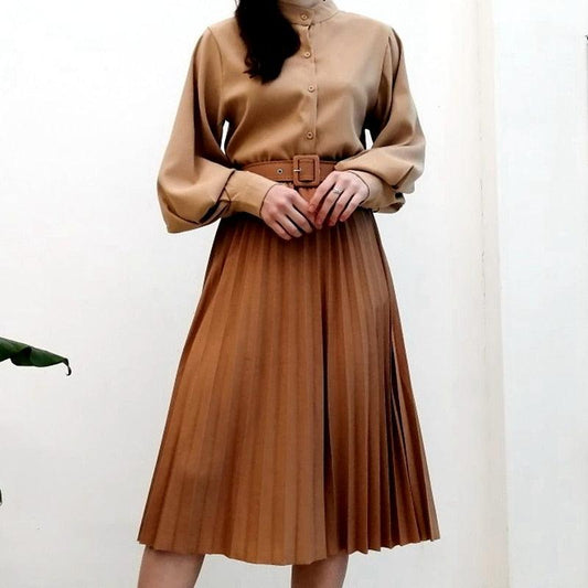 High Waist Women Skirt Casual Vintage Solid Belted Pleated Midi Skirts Lady 19 Colors Fashion Simple Saia Mujer Faldas - Viva Vista Store