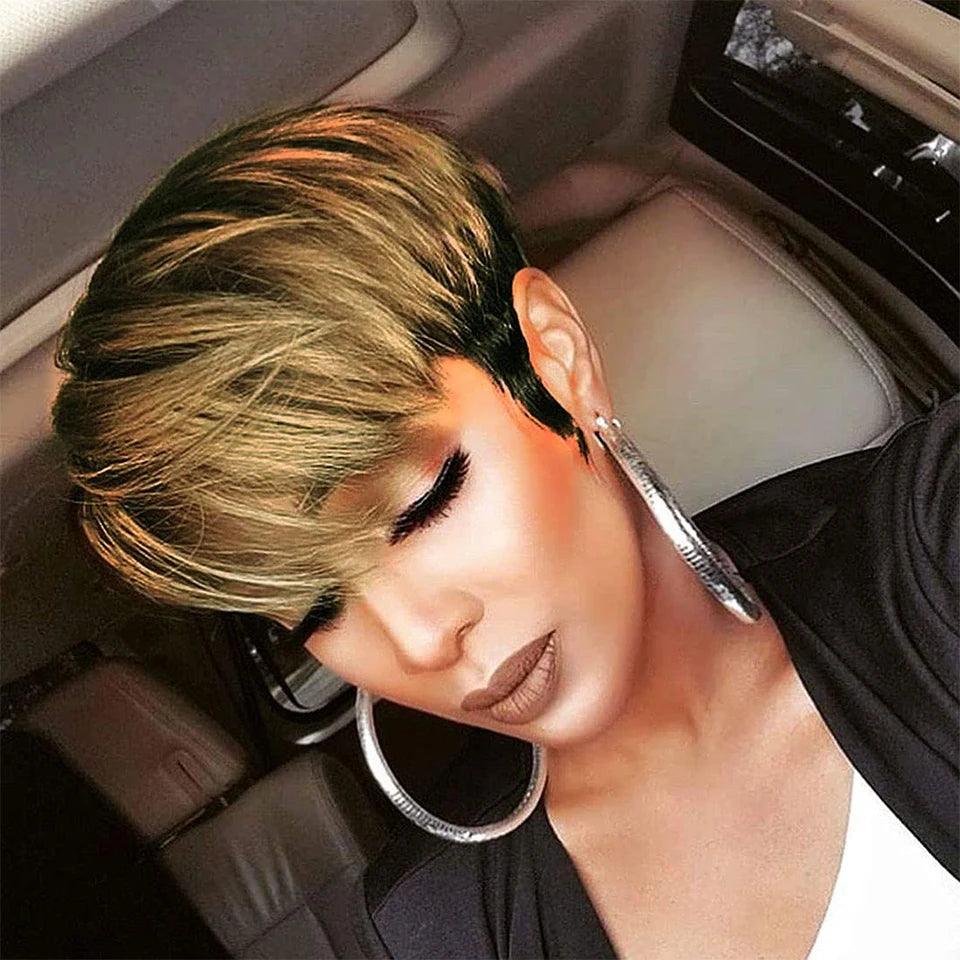 Short Straight Bob Wig 1b/27 Pixie Cut Human Hair Wig With Bangs For Black Women Brazilian Cheap Human Hair Wig Under $50 - Viva Vista Store