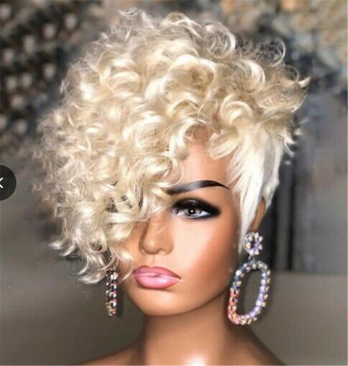 Short Platinum Blond Afro Curly Wave Pixie Cut Wig Synthetic Hair for Women Dress Party Full Wig - Viva Vista Store