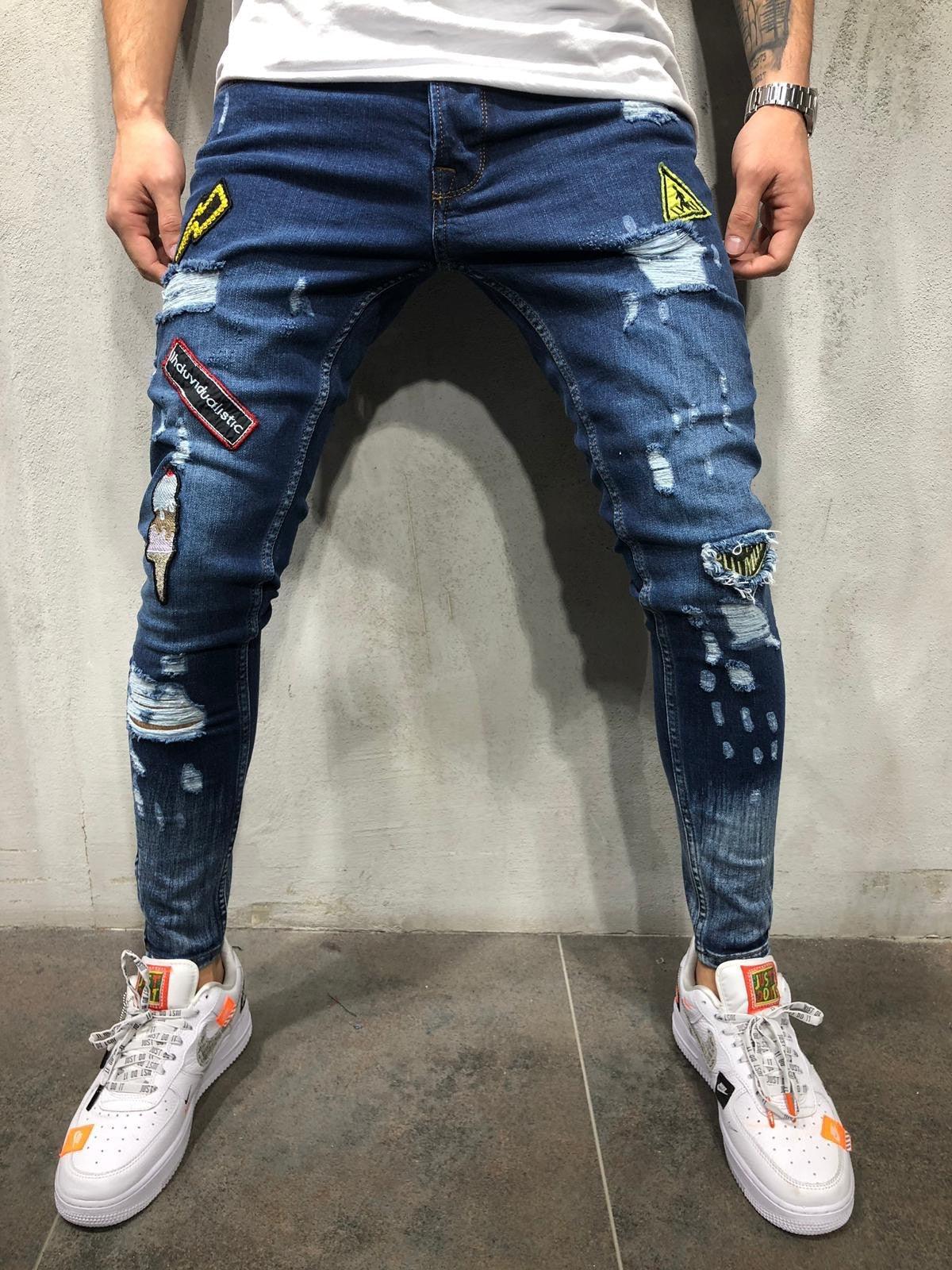 Fashion New Male hole badge embroidery denim trousers pants Men&#39;s streetwear hiphop skinny Casual Patch Jeans - Viva Vista Store