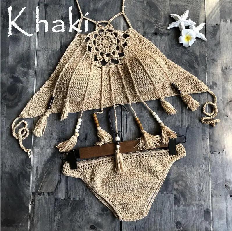 CROCHET BIKINI Sexy Halter Tie Knitting New Beach Swimwear Halter Beaded Tassel Crop Top Brazil Bikini Swimsuit Bathing Suit - Viva Vista Store