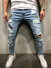 Fashion New Male hole badge embroidery denim trousers pants Men&#39;s streetwear hiphop skinny Casual Patch Jeans - Viva Vista Store