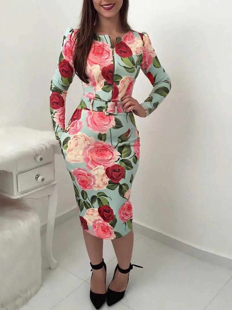 Musinge  Fashion Women Dress Floral O Neck Long Sleeve High Waist Zipper Dress Sexy Ladies  Party Clubwear Femme Clothes Autumn - Viva Vista Store