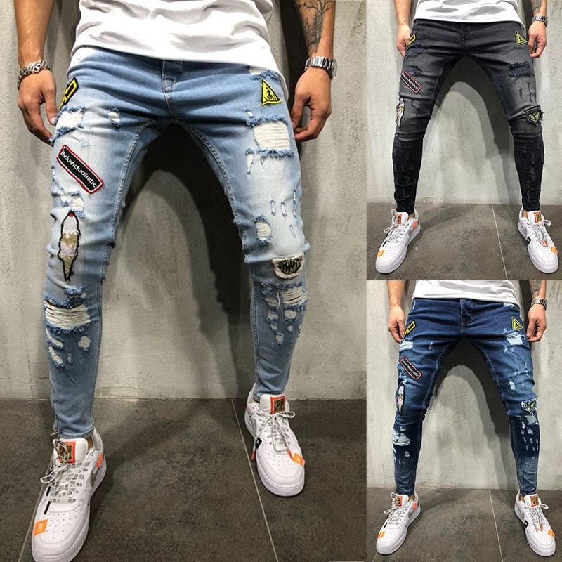 Fashion New Male hole badge embroidery denim trousers pants Men&#39;s streetwear hiphop skinny Casual Patch Jeans - Viva Vista Store