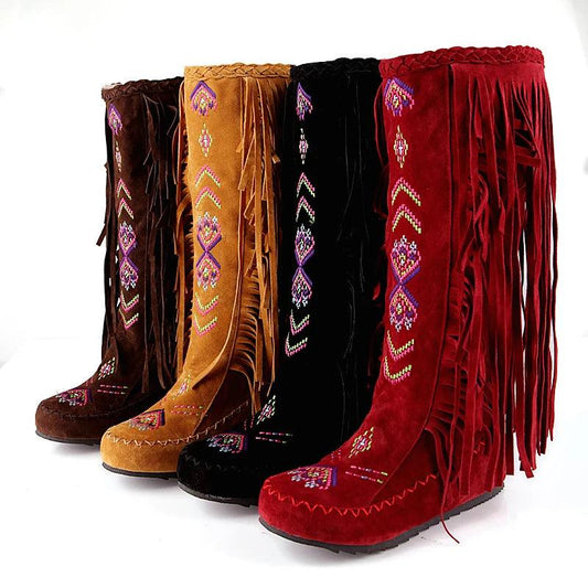 Big size 34-43 women boots fashion Embroidery flowers tassel boots Nubuck Leather Chinese Nation Style Slip-On Knee-High boots - Viva Vista Store