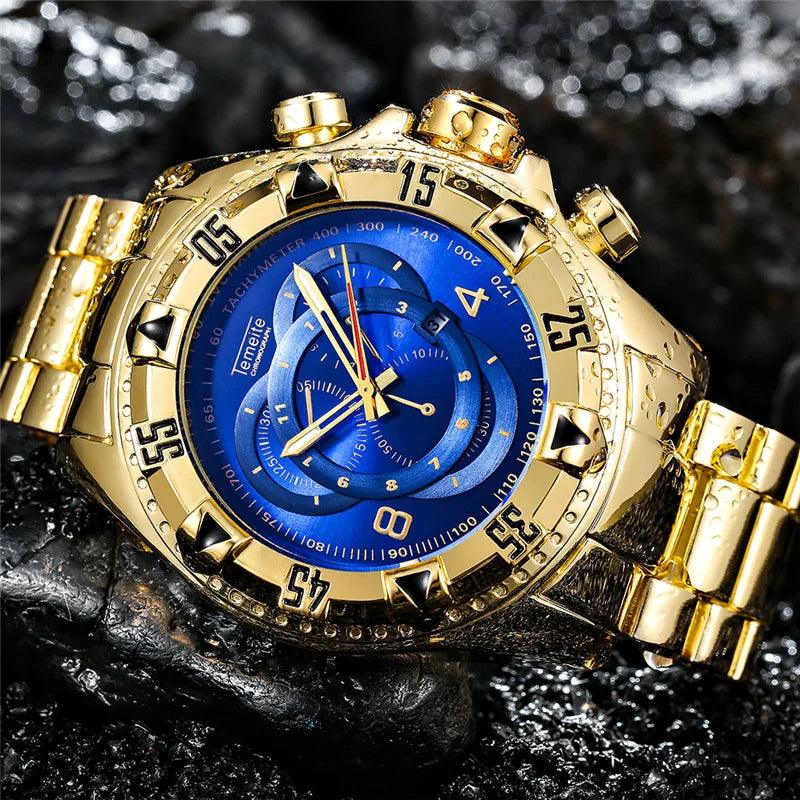 Temeite Golden Luxury Brand Men Watches Fashion Blue Face Waterproof Stainless Steel Watch Big Size Male Quartz Clock Wristwatch - Viva Vista Store