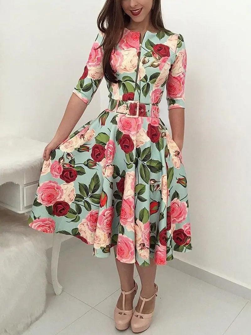 Musinge  Fashion Women Dress Floral O Neck Long Sleeve High Waist Zipper Dress Sexy Ladies  Party Clubwear Femme Clothes Autumn - Viva Vista Store