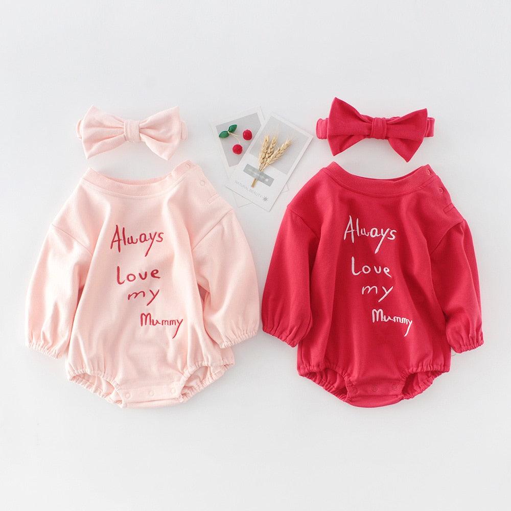 Spring Baby Girl Bodysuit + Hairband Baby Long Sleeve Casual Twins Baby Clothes 0-24m Girls Infant Clothing Solid Color Jumpsuit - Viva Vista Store