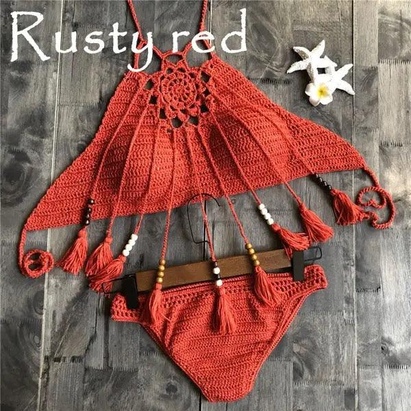 CROCHET BIKINI Sexy Halter Tie Knitting New Beach Swimwear Halter Beaded Tassel Crop Top Brazil Bikini Swimsuit Bathing Suit - Viva Vista Store