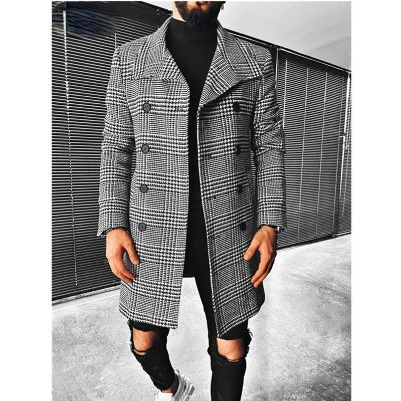 Fashion Men Coat Autumn Winter New Fashion Plaid Double Breasted Lapel Coat Mid-long Coat Men Chic Wool Blends Winter Coat Men - Viva Vista Store