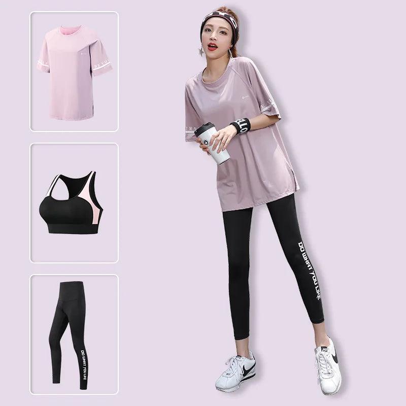 Women 3 Pieces Set Breathable Quick Dry Fitness Gym Loose T Shirt+Bra+Leggings Sports Running Yoga Suits Plus Size - Viva Vista Store