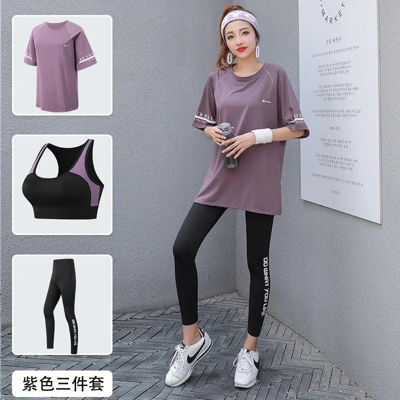 Women 3 Pieces Set Breathable Quick Dry Fitness Gym Loose T Shirt+Bra+Leggings Sports Running Yoga Suits Plus Size - Viva Vista Store