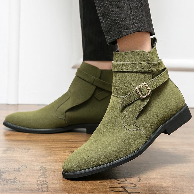 New Green Retro Men's Boots Buckle Design Suede Leather Boots Dress Formal Boots Casual Winter Chelsea Men Shoes botas de hombre - Viva Vista Store