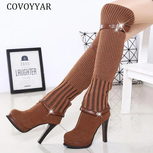 COVOYYAR 2021 Knitting Knee High Boots Fashion Long Thigh High Boots Women High Heels Autumn Winter Women Shoes Dual Use WBS2041 - Viva Vista Store