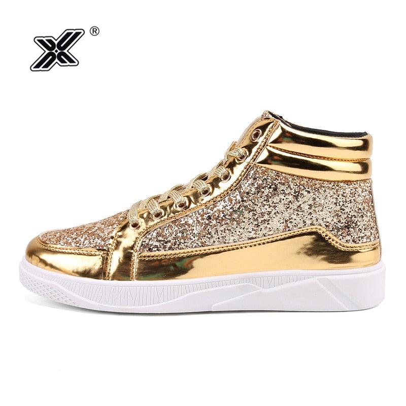 X Hot Fashion Golden Shiny Mirrors Mens Shoes Casual Club Bar Glitter Streetwear Hip hop High top Men Sneakers zapatos de hombre - Viva Vista Store