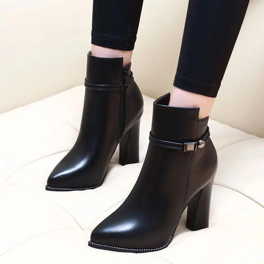 Women 7CM/9CM High Heel Pointed Toe Ankle Boots Fashion Zipper Dress Boots Short Plush Winter Black Split Leather Shoes G0000 - Viva Vista Store