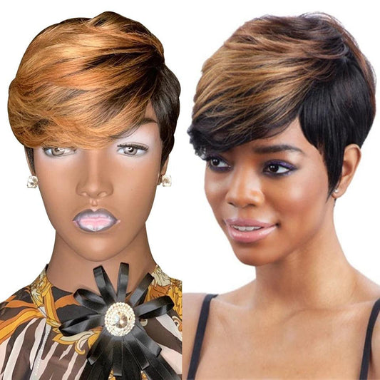 Highlight Wig Human Hair Honey Blonde Straight Bob Wig Ombre Colored Human Wigs With Bangs Full Machine Pixie Cut Wig For Women - Viva Vista Store