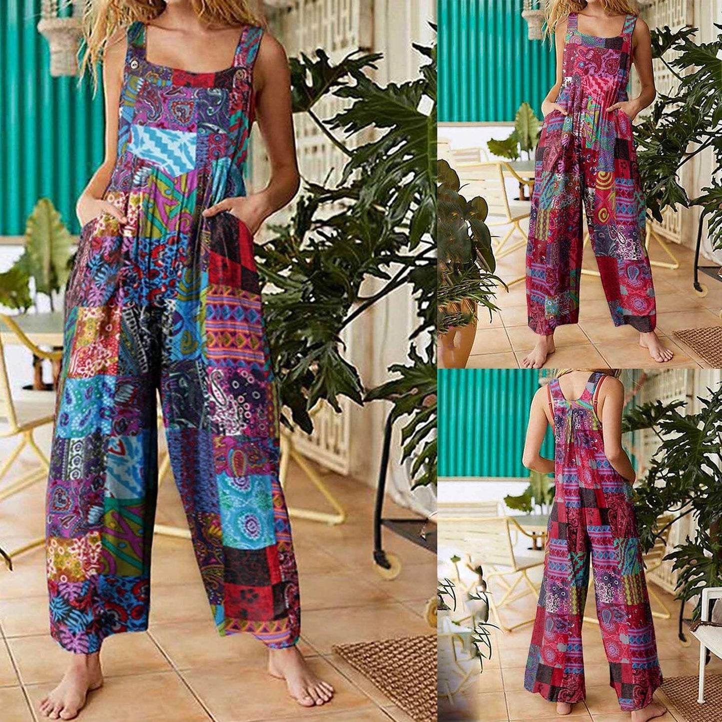 Women Ethnic Style  Jumpsuits Summer Overalls Multicolor  Square Neck Sleeveless Casual Rompers with Pockets for Girls Playsuit - Viva Vista Store