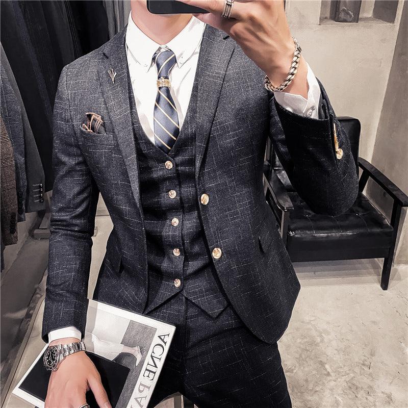 Korean version of slim dark pattern men's two-button suit three-piece suit spring and autumn style gentleman men's suit vest pants - Viva Vista Store