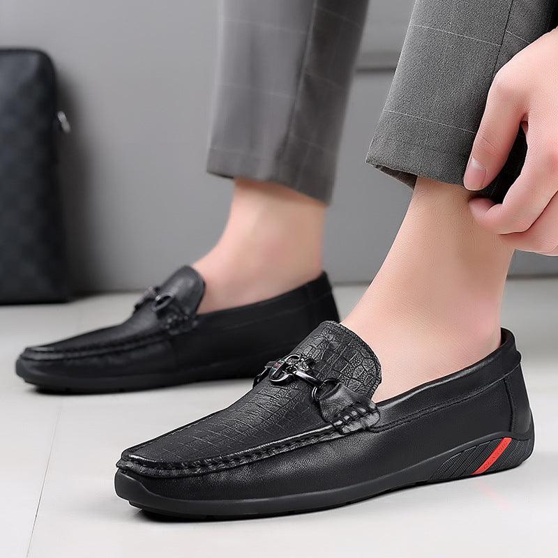 New men's shoes leather black bean beans shoes men's tide Korean casual leather shoes men's set foot soft leather one pedal music shoes - Viva Vista Store