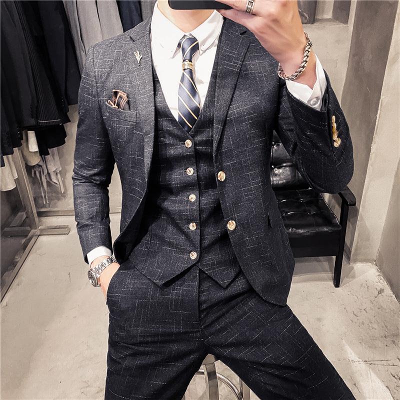 Korean version of slim dark pattern men's two-button suit three-piece suit spring and autumn style gentleman men's suit vest pants - Viva Vista Store