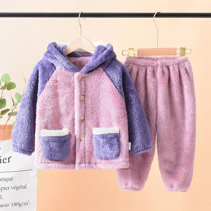 Children's pajamas autumn winter flannel men's baby warm thick home service suit Chinese big boy coral velvet - Viva Vista Store