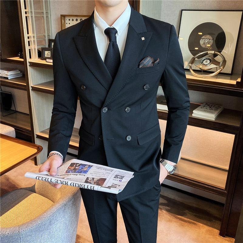 Suit suit 2021 spring new men's business fashion solid color double buckle suit three-piece set four seasons dress - Viva Vista Store