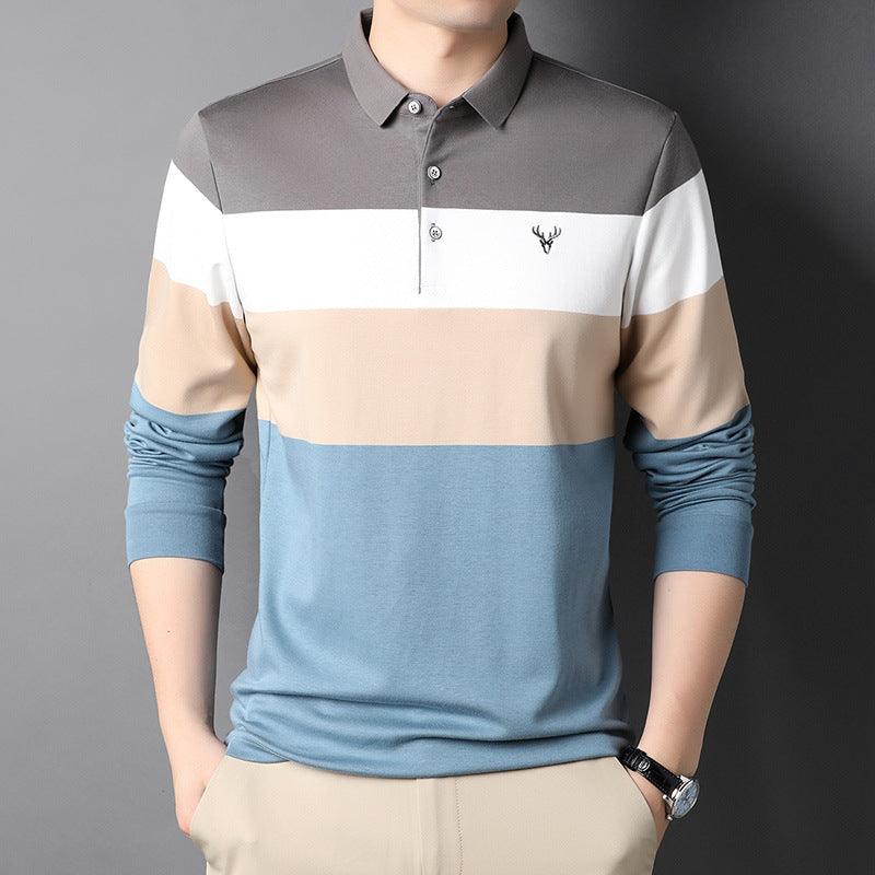 Men's polo shirt spring and autumn youth Korean cotton long sleeve T-shirt men's fashion casual loose striped men's clothing tide - Viva Vista Store