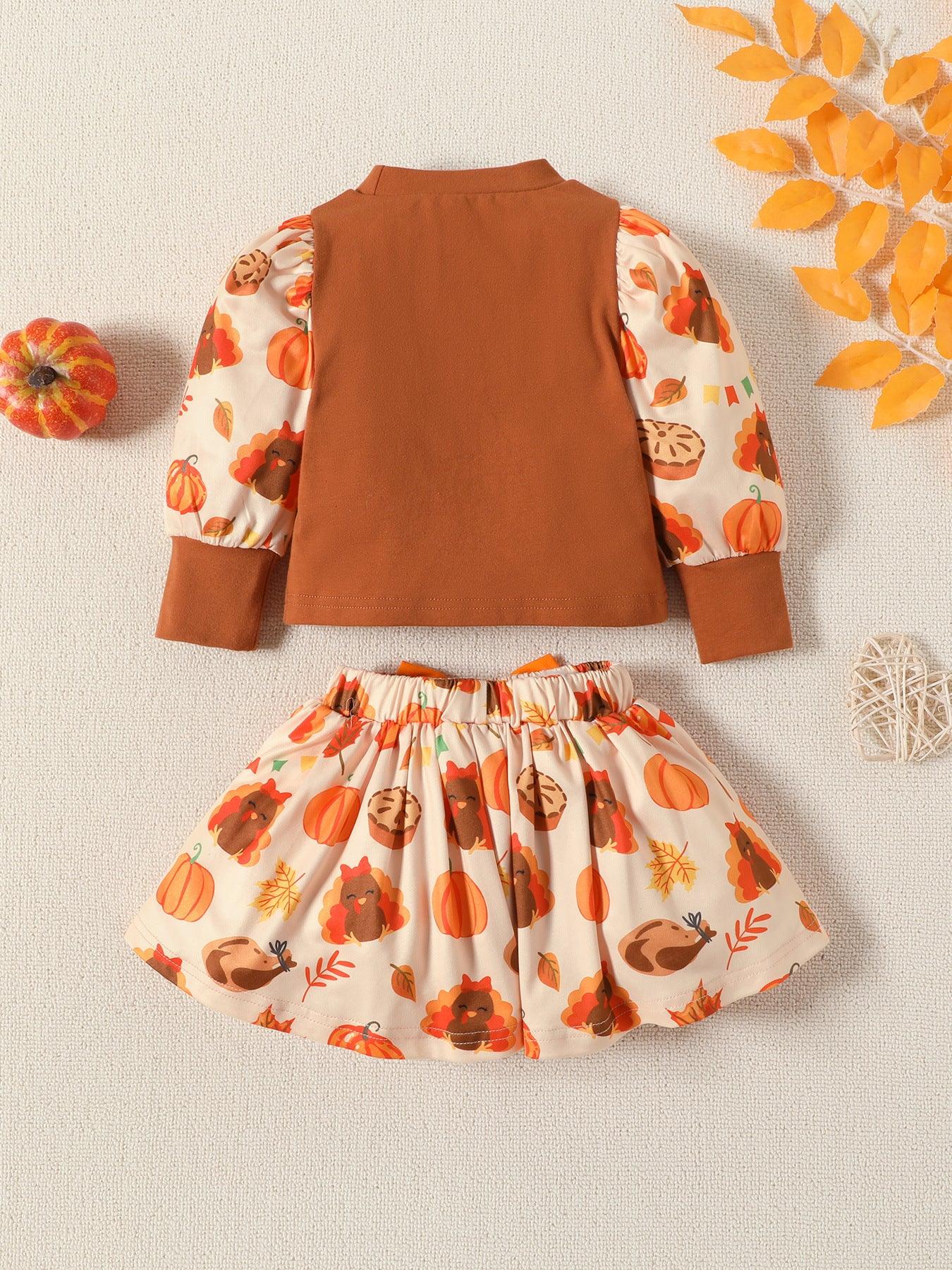 children's clothing baby toddler girl set Thanksgiving turkey pumpkin print long sleeve skirt two-piece - Viva Vista Store