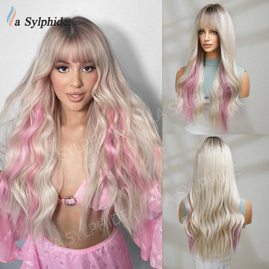 Long Curly Hair Wig Women's bangs Pink Platinum Rose Net Full Headset Long wig - Viva Vista Store