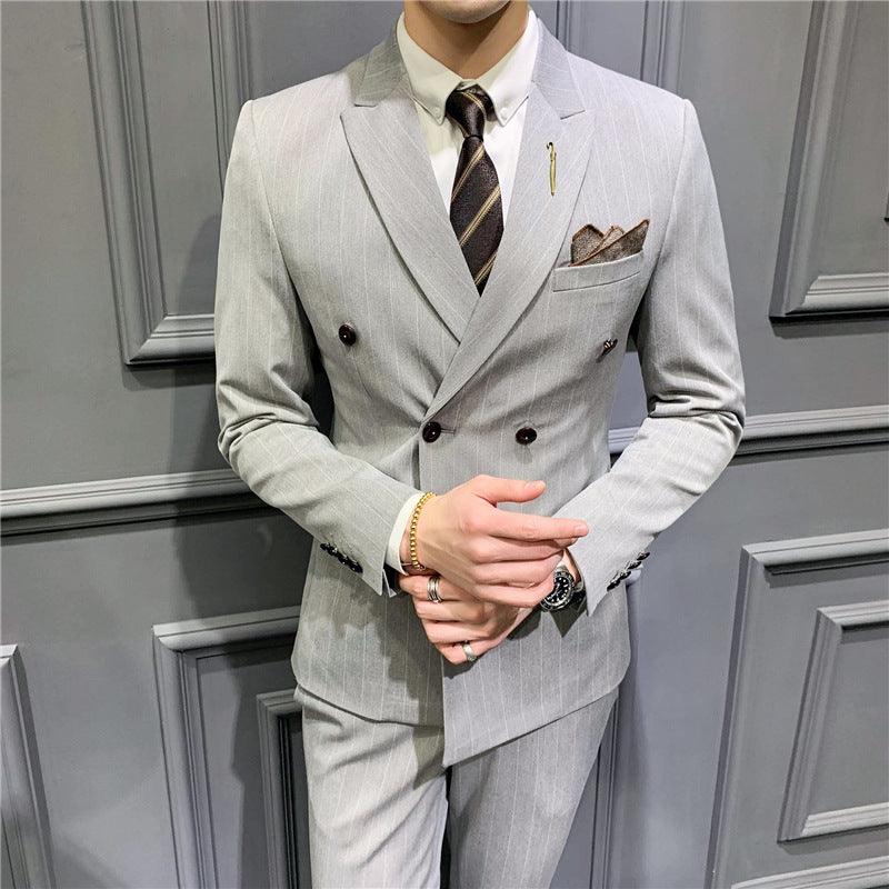 Suit set men's slim three-piece trend striped small suit fashion slim young men's dress - Viva Vista Store